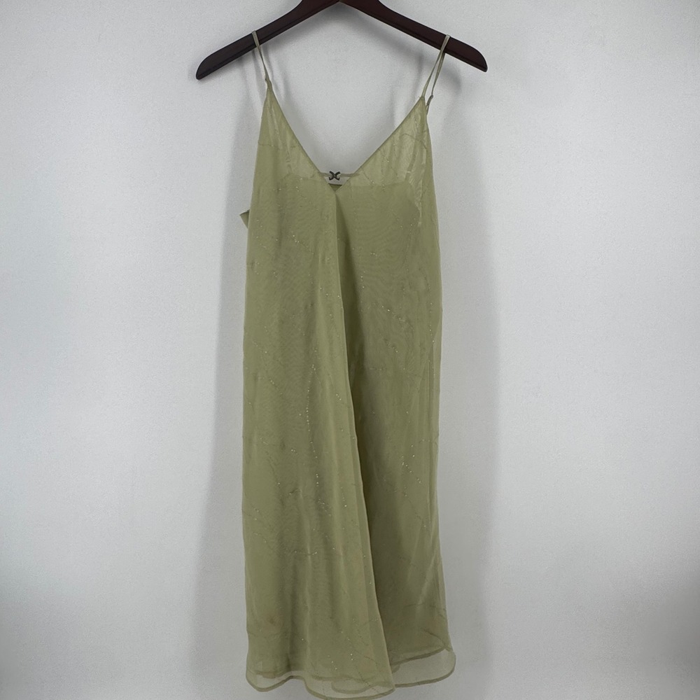 Valerie Stevens Olive Green Glitter Vine Slip Dress V-Neck Sheer Overlay Large